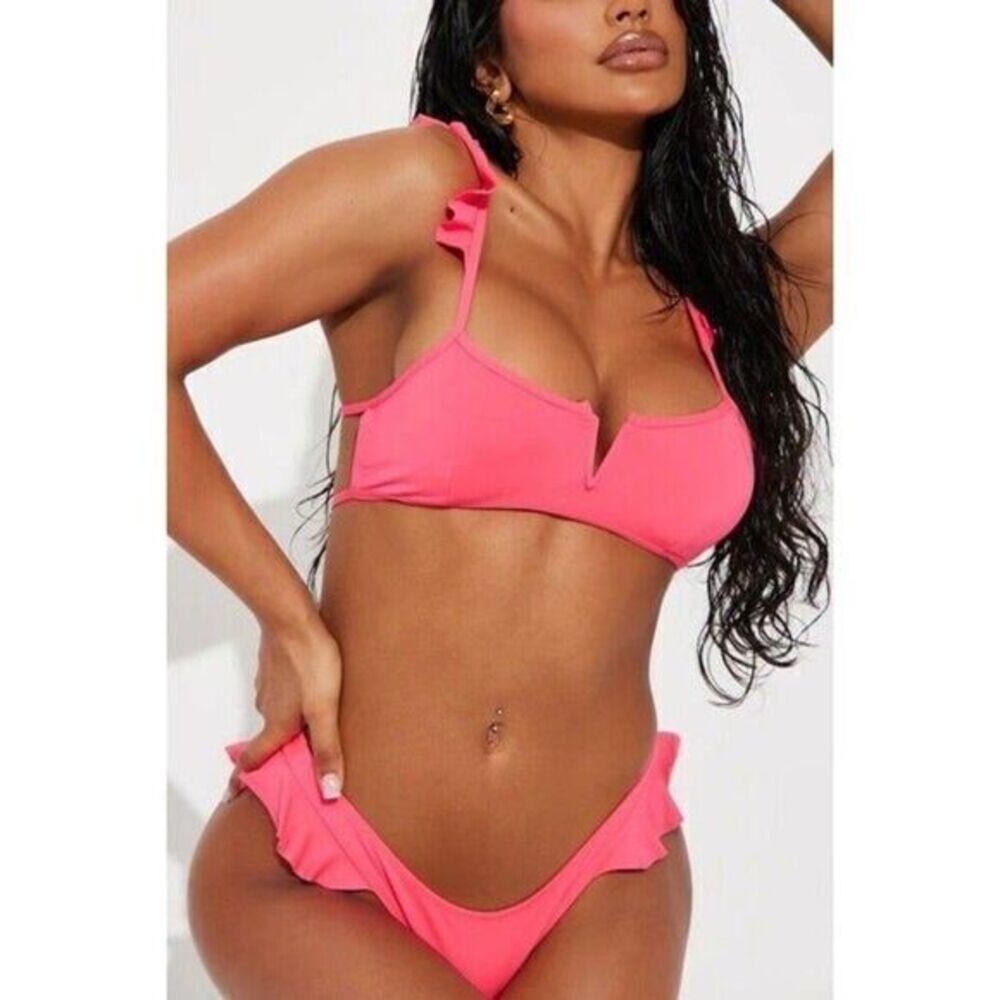 Miss Adola Hot Pink Ruffled Strappy Cheeky 2 piece set Bikini Size M RefM035 - Picture 2 of 8